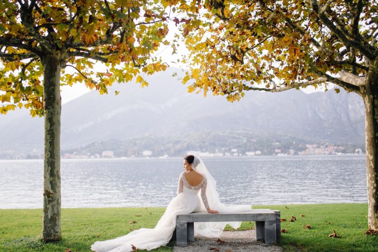 Happy wedding couple in Como Lake, Italy